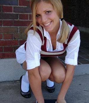 Blonde student Karen exposes her white underwear during upskirt action on leakfanatic.com