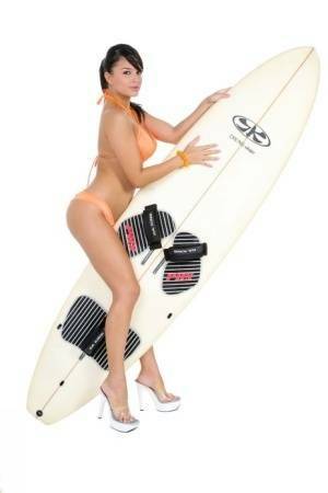 Sexy surfer girl Sarah peels off her bikini to model naked on her board on leakfanatic.com