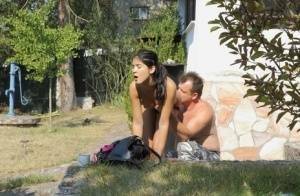 Nice teen Lady Dee gets a mouthful of cum during outdoor sex with an old guy on leakfanatic.com