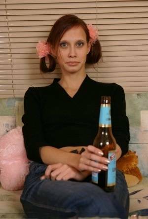 Young redhead chugs a beer before having sex with an older man on leakfanatic.com