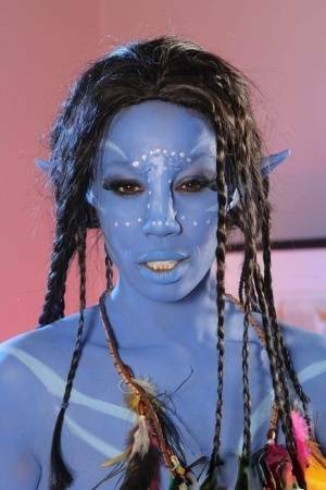 Cosplay beauty Misty Stone takes cock in nothing but blue body paint on leakfanatic.com