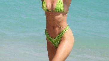 Nina Agdal Looks Hot in a Green Bikini on the Beach in Miami on leakfanatic.com