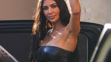 Kim Kardashian Leaves Jimmy Kimmel Live in a Sexy Leather Bandeau Top on leakfanatic.com