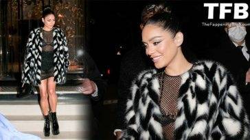 Vanessa Hudgens Flashes Her Bra in a See-Through Dress in Paris on leakfanatic.com