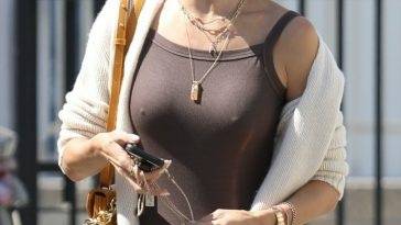 Alessandra Ambrosio Reveals Her Assets Under a Brown Tank as She Arrives at a Shoot in LA on leakfanatic.com