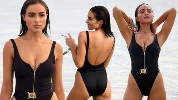 Olivia Culpo Looks Stunning in a Black Swimsuit on the Beach in Miami on leakfanatic.com