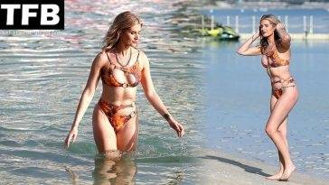 Sarah Jayne Dunn Displays Her Sexy Body in a Bikini on the Beach in Dubai on leakfanatic.com