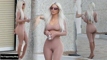 Kim Kardashian Gets Risque in a Sheer SKIMS Cropped Top and Leggings in Calabasas on leakfanatic.com