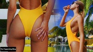 Kimberley Garner Displays Her Stunning Sideboob and Ass in a Yellow Swimsuit on leakfanatic.com