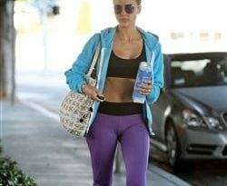 Jessica Alba Walking The Street In A Sports Bra & Yoga Pants on leakfanatic.com