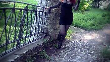 AnnDarcy redhead goth girl in black mini dress gets facial in public xxx video on leakfanatic.com