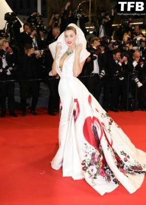 Jessica Michel Poses Braless on the Red Carpet at the 75th Annual Cannes Film Festival on leakfanatic.com