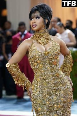 Cardi B Shows Off Her Huge Boobs in a Golden Dress at The 2022 Met Gala in NYC on leakfanatic.com