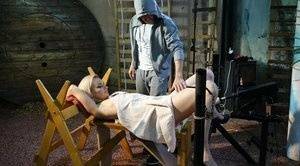 Restrained blonde Roxy Lee is penetrated by a machine dildo on leakfanatic.com