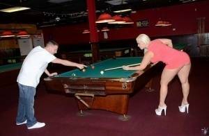 Curvy slut gets nailed on a pool table and jizzed over her big jugs on leakfanatic.com