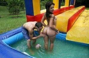 Frisky gals showing off their blowjob skills at the pool party on leakfanatic.com