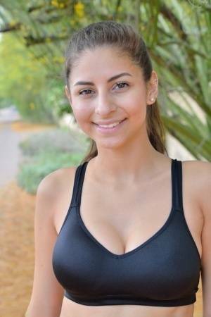 Teen jogger pauses to take off her spandex pants and bra on a run on leakfanatic.com