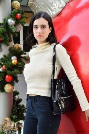 Brunette chick Giulia flashes her tits in public before masturbating at home on leakfanatic.com