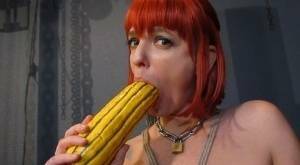 Kinky pierced BDSM slut Abigail Dupree pisses in carafe & toys ass with gourd on leakfanatic.com